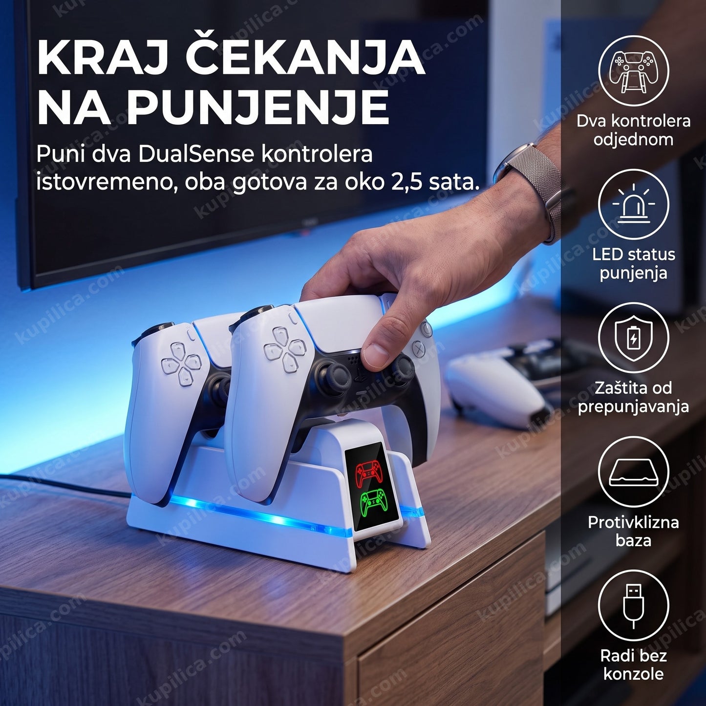 punjač za ps5 kontrolere — dva DualSense kontrolera na punjenju sa LED indikatorom