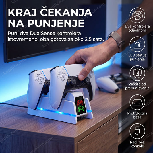 punjač za ps5 kontrolere — dva DualSense kontrolera na punjenju sa LED indikatorom