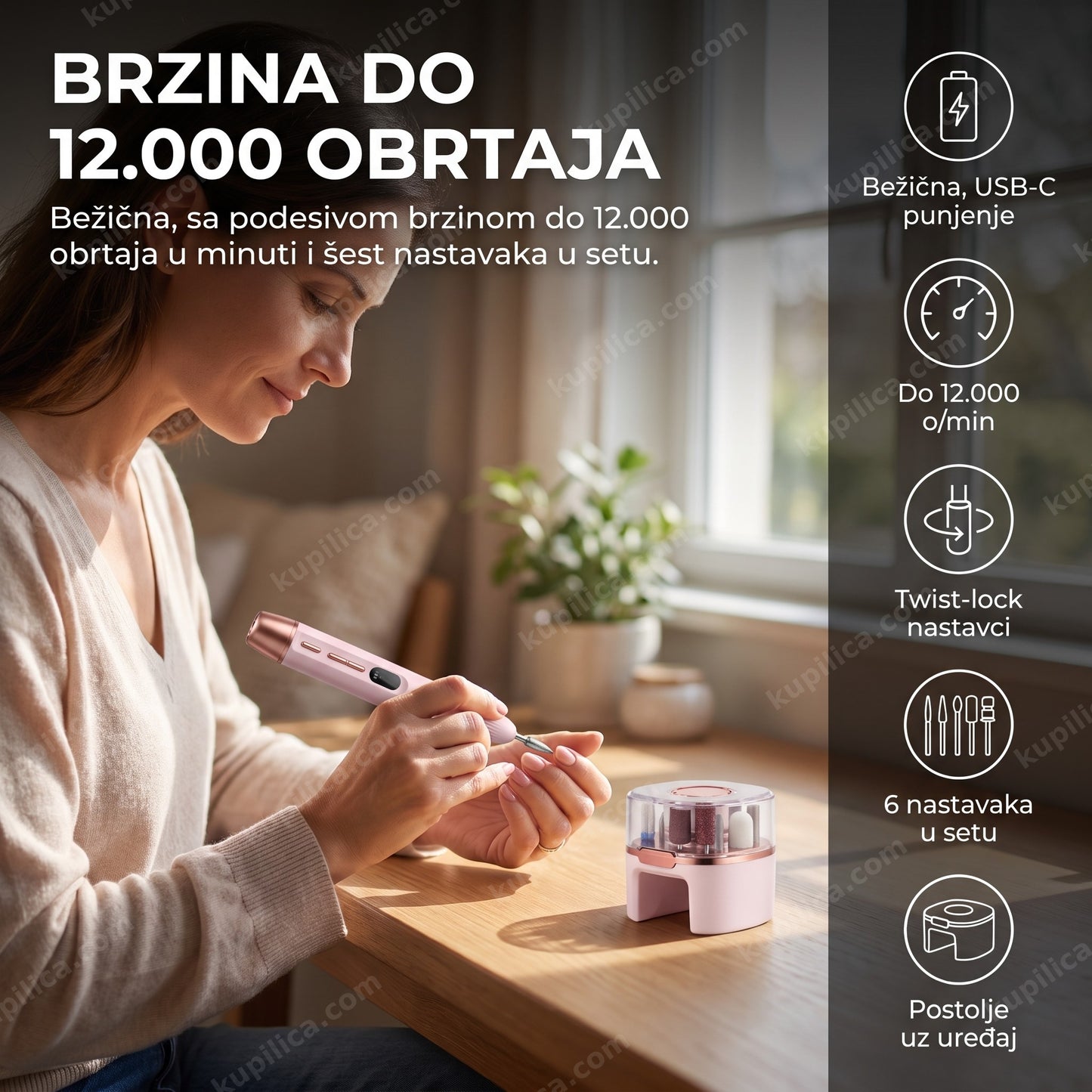 Punjiva električna turpija za nokte sa 6 nastavaka, do 12.000 o/min