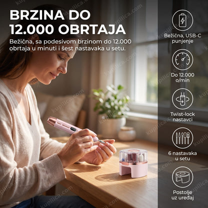 Punjiva električna turpija za nokte sa 6 nastavaka, do 12.000 o/min