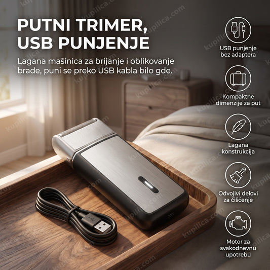 srebrna punjiva mašinica za brijanje sa usb kablom na drvenoj podlozi