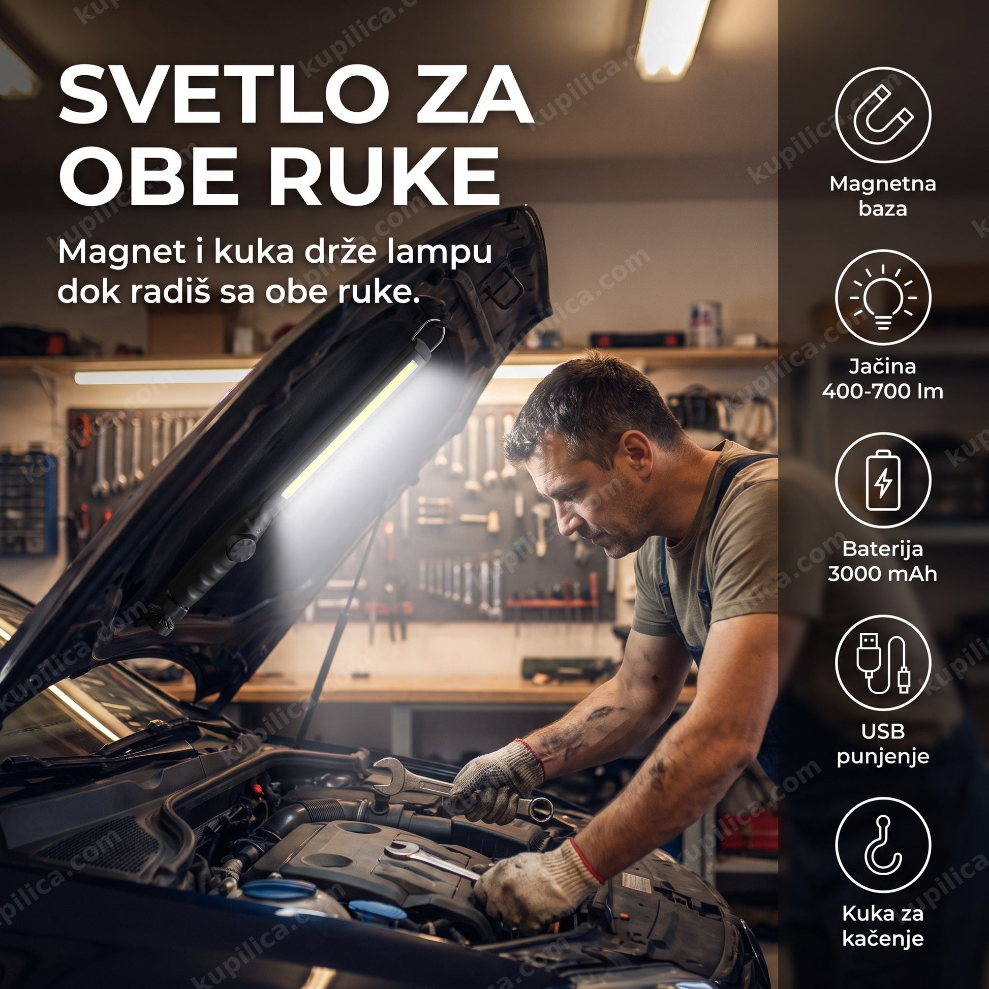 Muškarac radi u garaži uz punjivu radnu lampu LED COB HW821 pričvršćenu magnetom