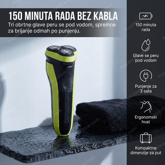 crno-zeleni punjivi aparat za brijanje sa tri obrtne glave na mokroj polici