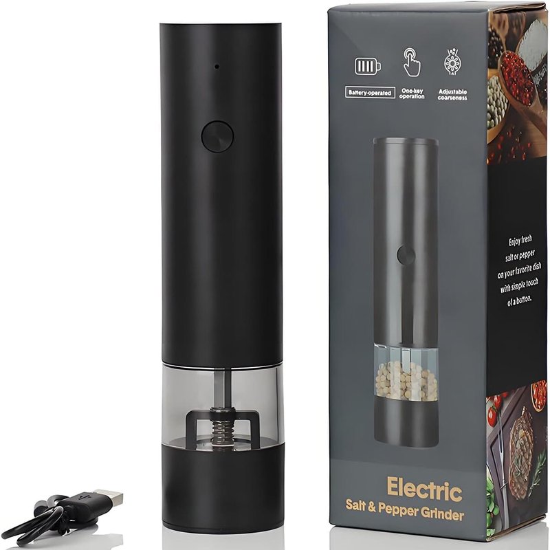 crni mlin za biber pored kutije sa natpisom electric salt and pepper grinder