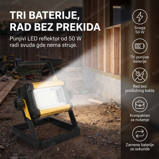 punjivi led reflektor na travi u dvorištu uveče dok osvetljava šator