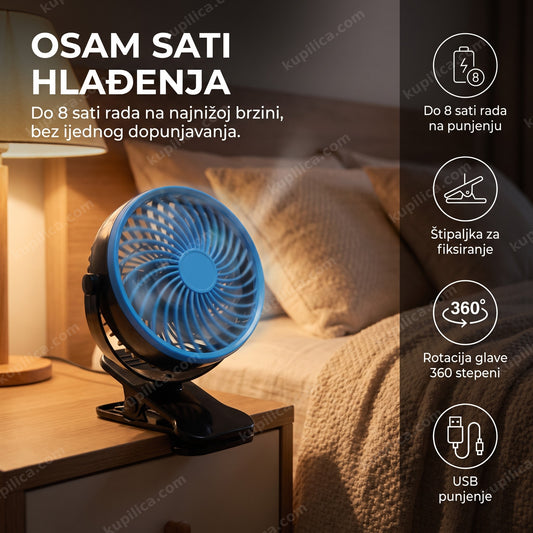 punjivi ventilator sa štipaljkom na noćnom stočiću u spavaćoj sobi sa benefitima proizvoda