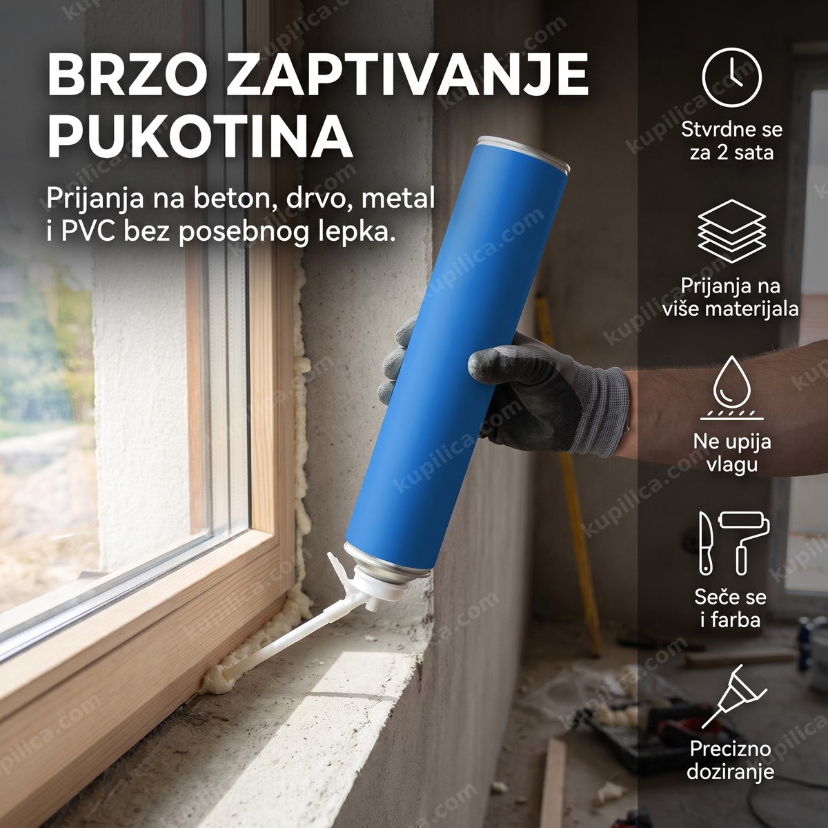 plava boca pur pene za zaptivanje prozorskog rama tokom montaže, benefiti proizvoda