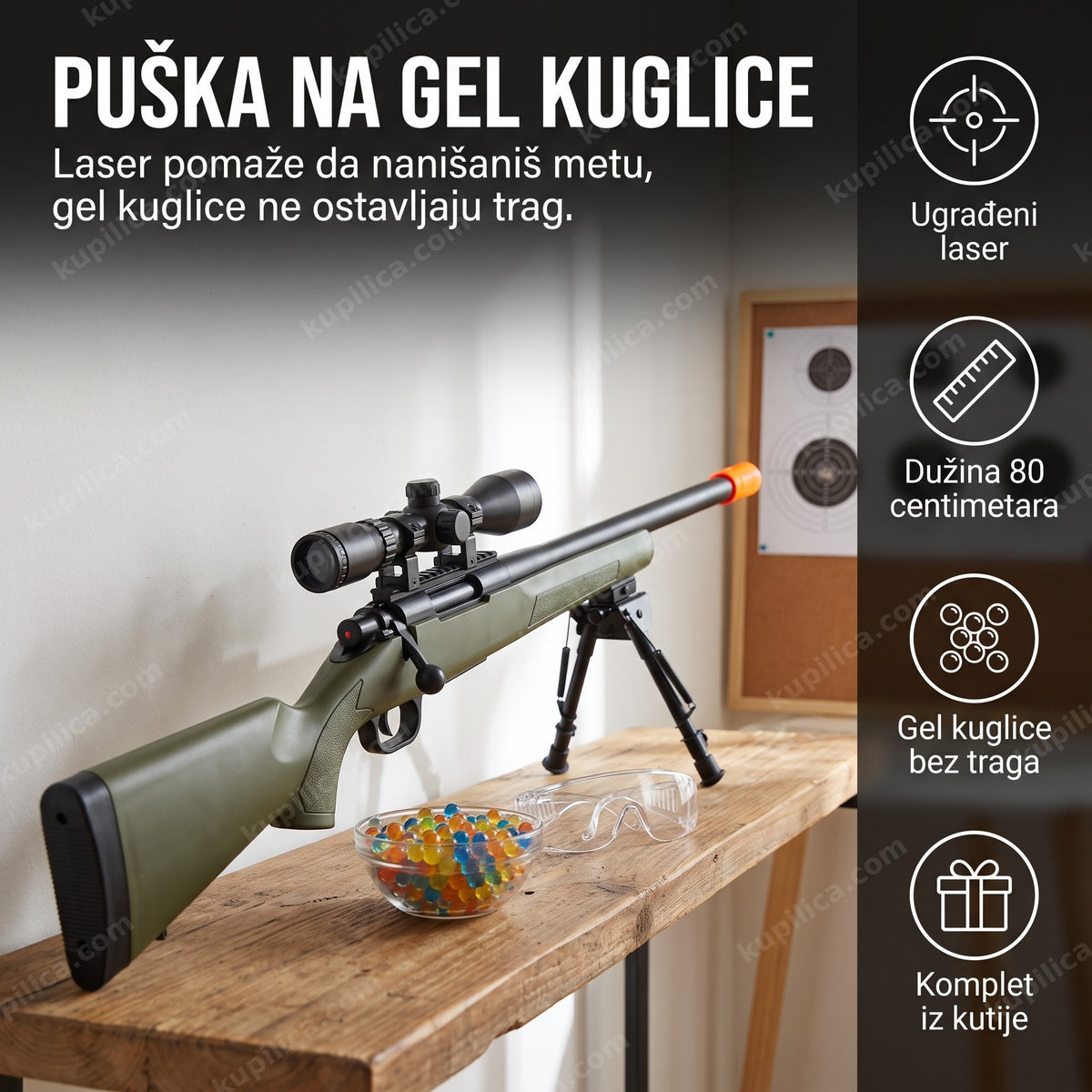 Igračka puška na gel kuglice sa narandžastim vrhom cevi i kuglicama u posudi