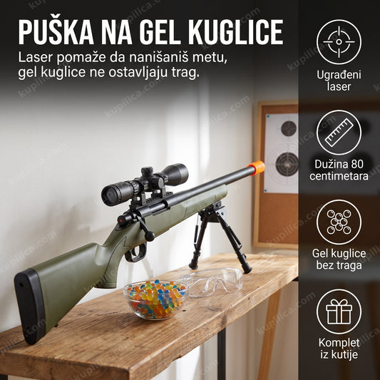Igračka puška na gel kuglice sa narandžastim vrhom cevi i kuglicama u posudi