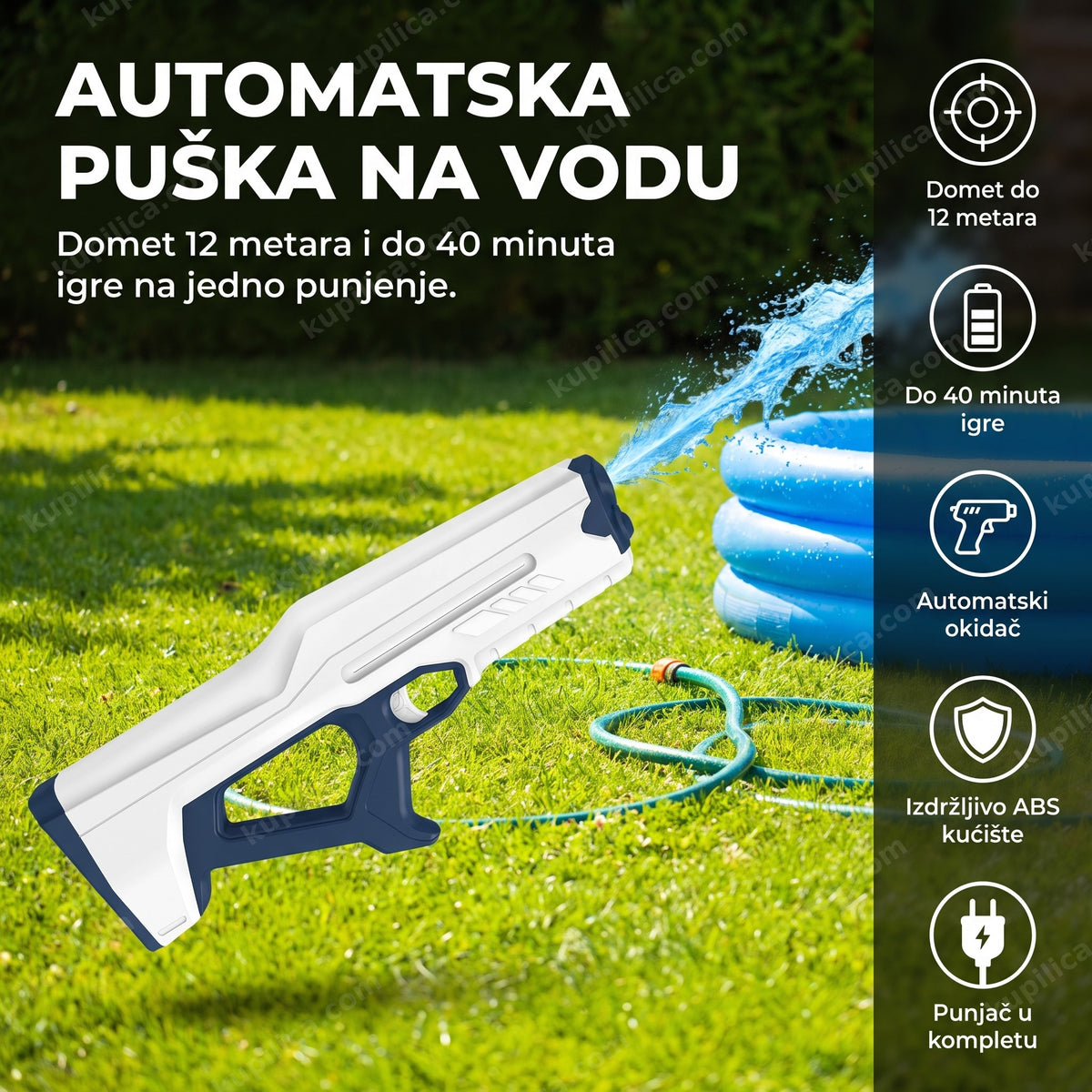 Bela i plava električna puška na vodu sa mlazom u letu, benefiti proizvoda