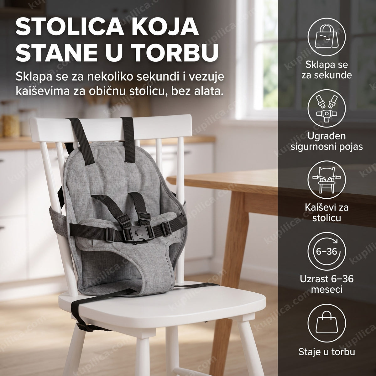 siva putna stolica za hranjenje beba vezana kaiševima za belu stolicu