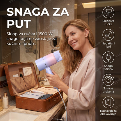Žena suši kosu sklopivim putnim fenom Sonar SN-39 sa jonizacijom