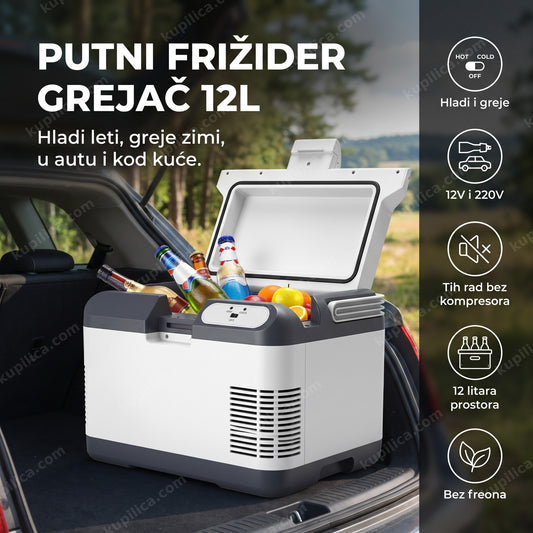 Otvoren putni frižider grejač sa flašicama u gepeku auta