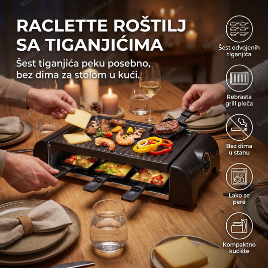 Raclette roštilj sa tiganjićima za sir na stolu uz ruke odraslih
