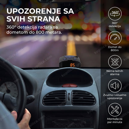 radar detektor sa 360 detekcijom montiran na tabli automobila noću, prikaz benefita proizvoda