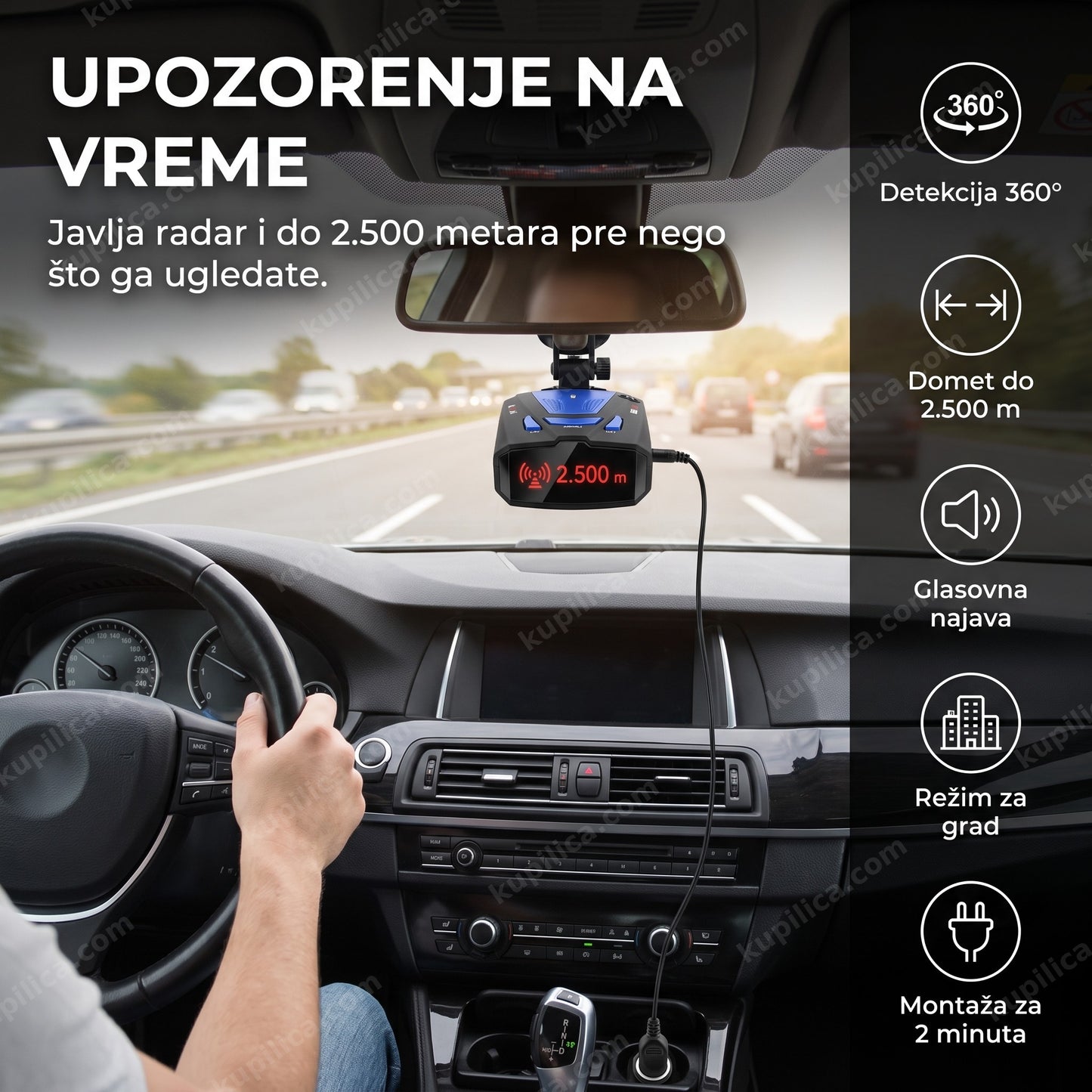 Radar detektor V7 360 postavljen na vetrobransko staklo automobila