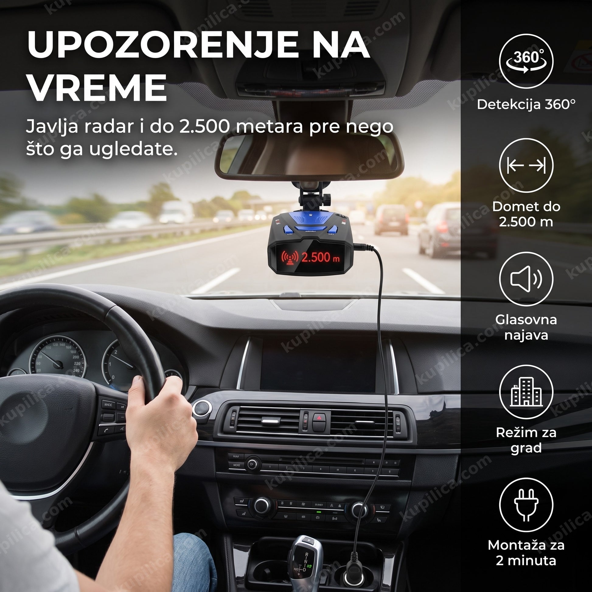 Radar detektor V7 360 postavljen na vetrobransko staklo automobila