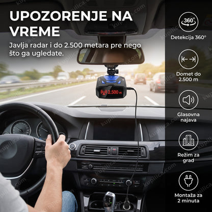 Radar detektor V7 360 postavljen na vetrobransko staklo automobila