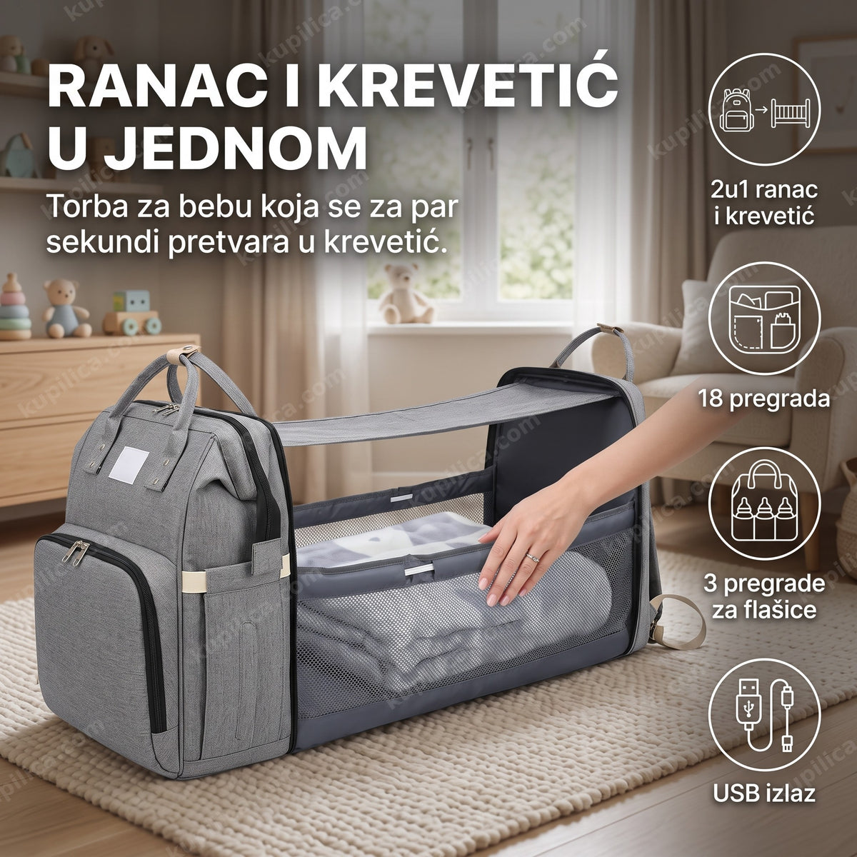 2u1 ranac i krevetić za bebu razvučen u dečijoj sobi, benefiti proizvoda