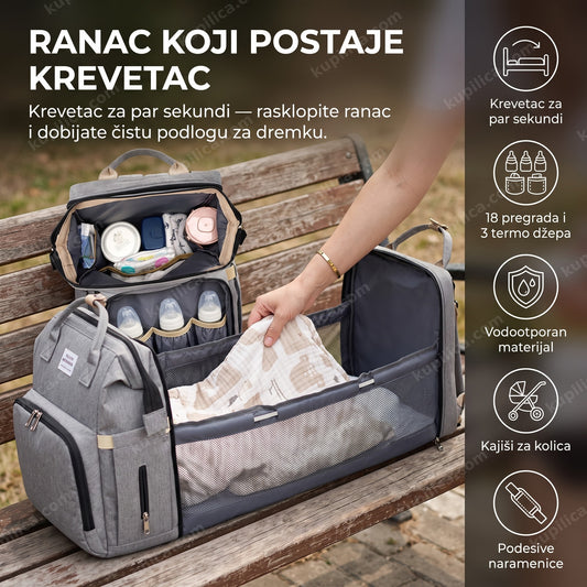 ranac krevetac za bebe rasklopljen u parku, benefiti proizvoda