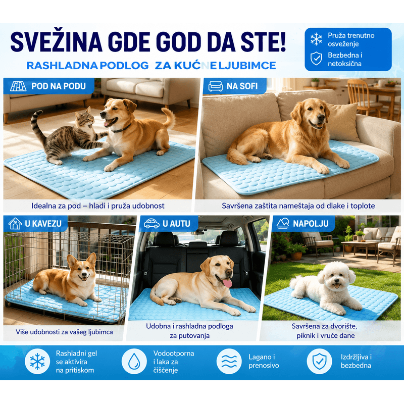 rashladna prostirka za pse prikazana na podu, sofi, u kavezu, autu i dvorištu