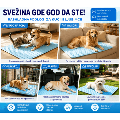 rashladna prostirka za pse prikazana na podu, sofi, u kavezu, autu i dvorištu