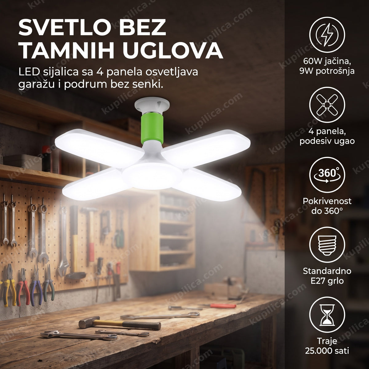rasklapajuća led sijalica sa četiri panela osvetljava garažu bez tamnih uglova, benefiti proizvoda