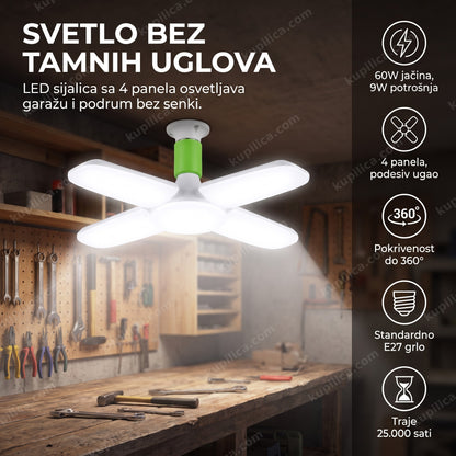 rasklapajuća led sijalica sa četiri panela osvetljava garažu bez tamnih uglova, benefiti proizvoda