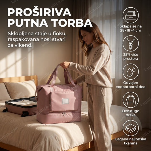 rasklopiva putna torba pakovana za vikend put, prikazani benefiti proizvoda