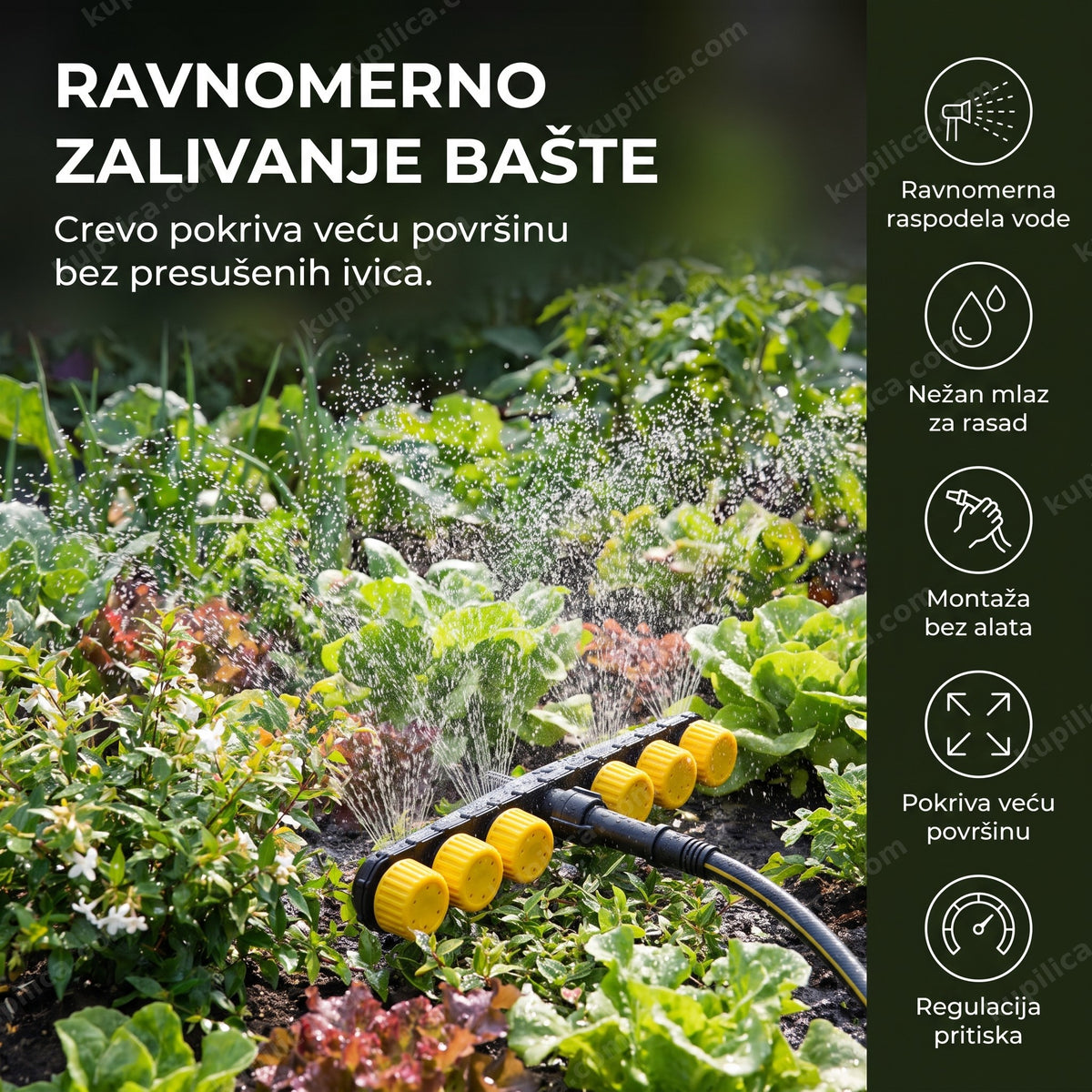 žuto-crni raspršivač za navodnjavanje bašte postavljen među zasadima, benefiti proizvoda