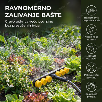 žuto-crni raspršivač za navodnjavanje bašte postavljen među zasadima, benefiti proizvoda