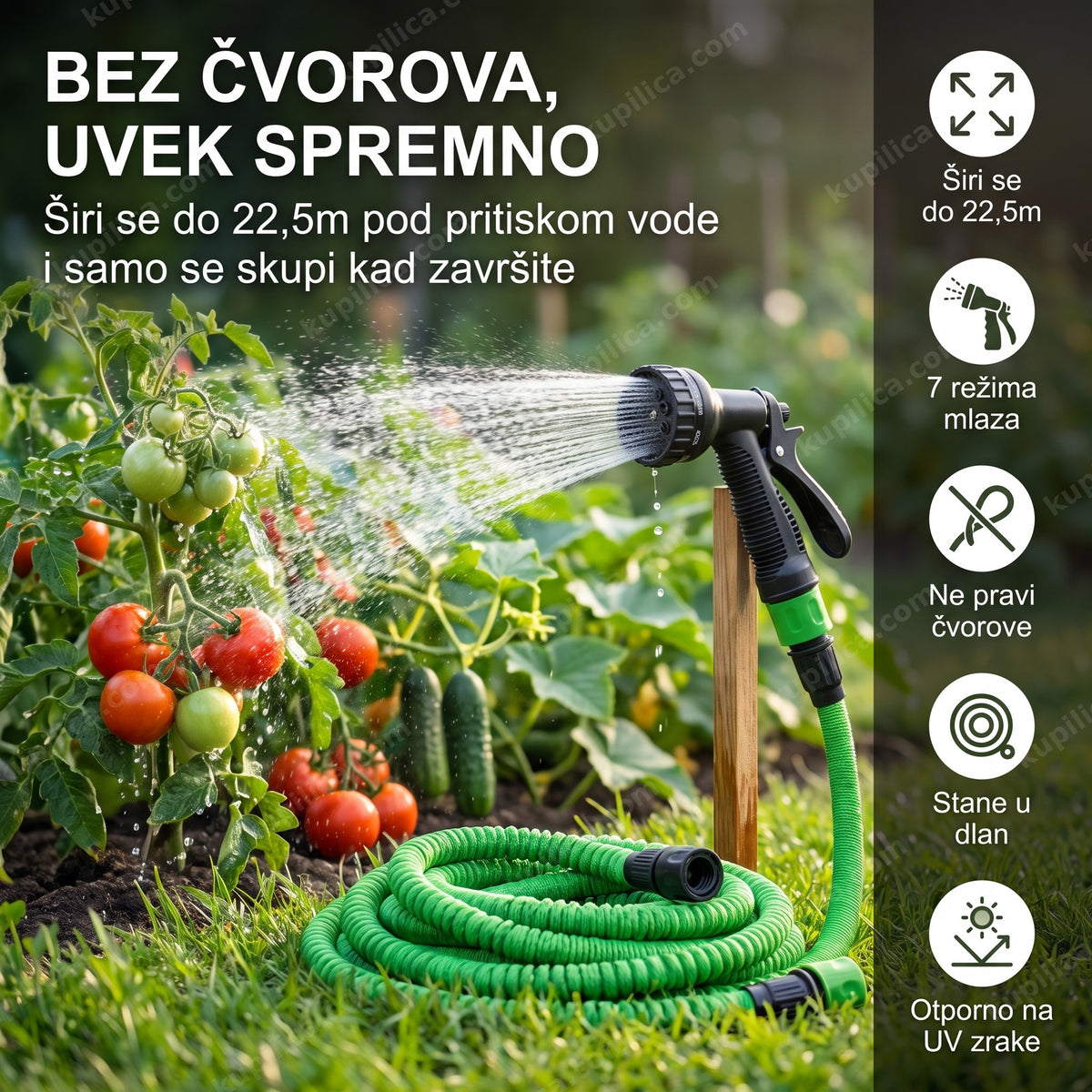 rastegljivo baštensko crevo 22,5m — crevo sa pištoljem u bašti pri zalivanju paradajza