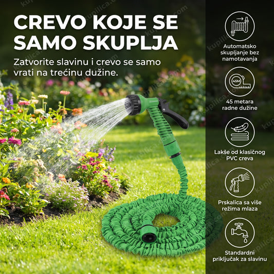 zeleno rastegljivo baštensko crevo sa prskalicom u bašti, benefiti proizvoda