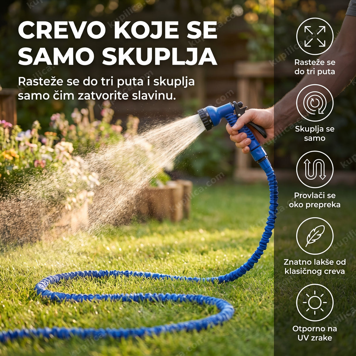 Rastegljivo baštensko crevo rasprskava vodu u bašti, prikaz benefita proizvoda