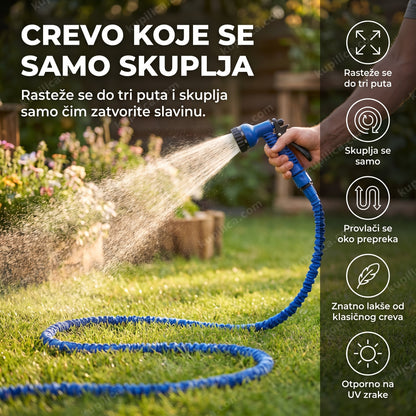 Rastegljivo baštensko crevo rasprskava vodu u bašti, prikaz benefita proizvoda