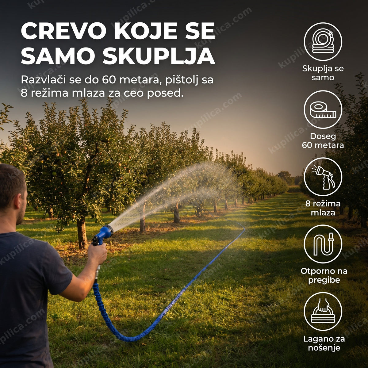 Zalivanje drvoreda u voćnjaku rastegljivim baštenskim crevom 60m sa pištoljem, benefiti proizvoda