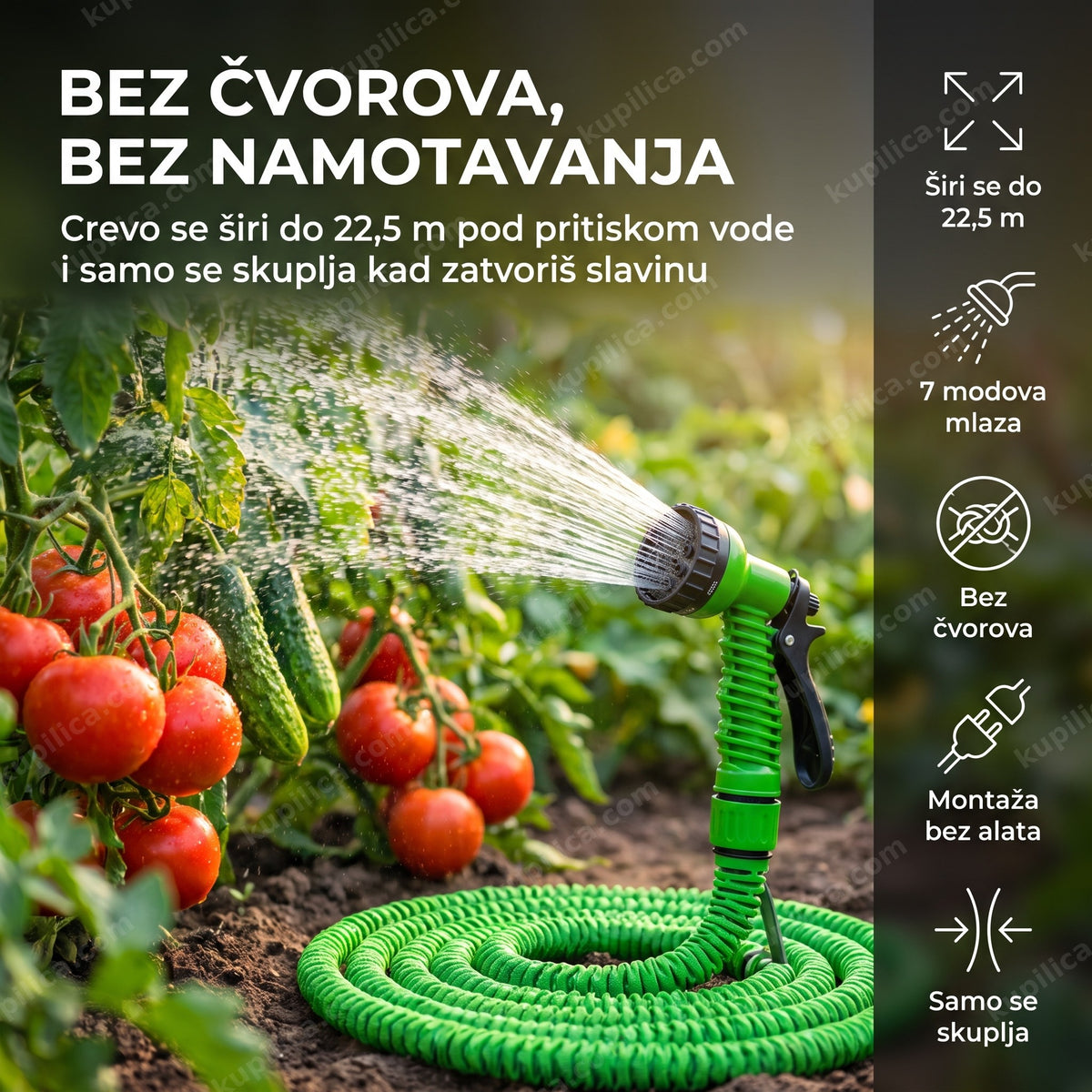 rastegljivo crevo za baštu 22,5 m — zalivanje povrtnjaka pištoljem sa 7 modova mlaza