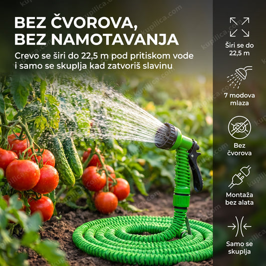 rastegljivo crevo za baštu 22,5 m — zalivanje povrtnjaka pištoljem sa 7 modova mlaza