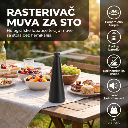 Rasterivač muva stoji na stolu sa letnjom trpezom voća i kolača