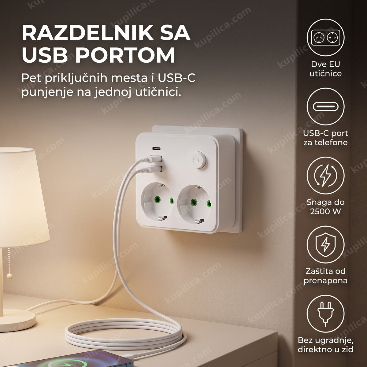Razdelnik utičnica sa USB i C portom montiran na zidu, kablovi uredno složeni