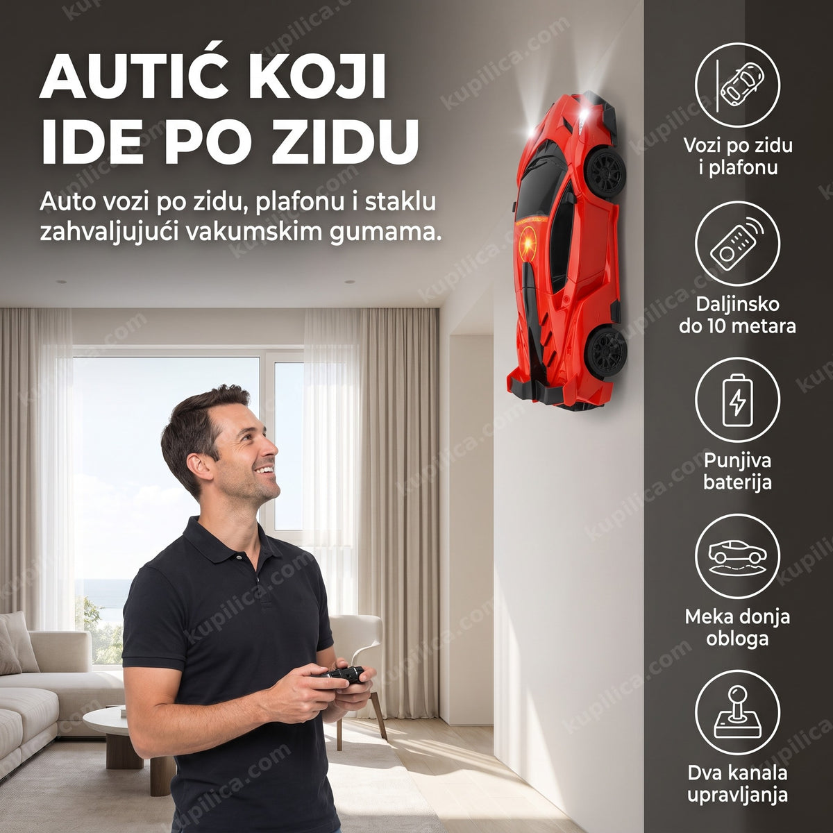 crveni rc autić na daljinski vozi po zidu sobe u rukama odrasle osobe, benefiti proizvoda