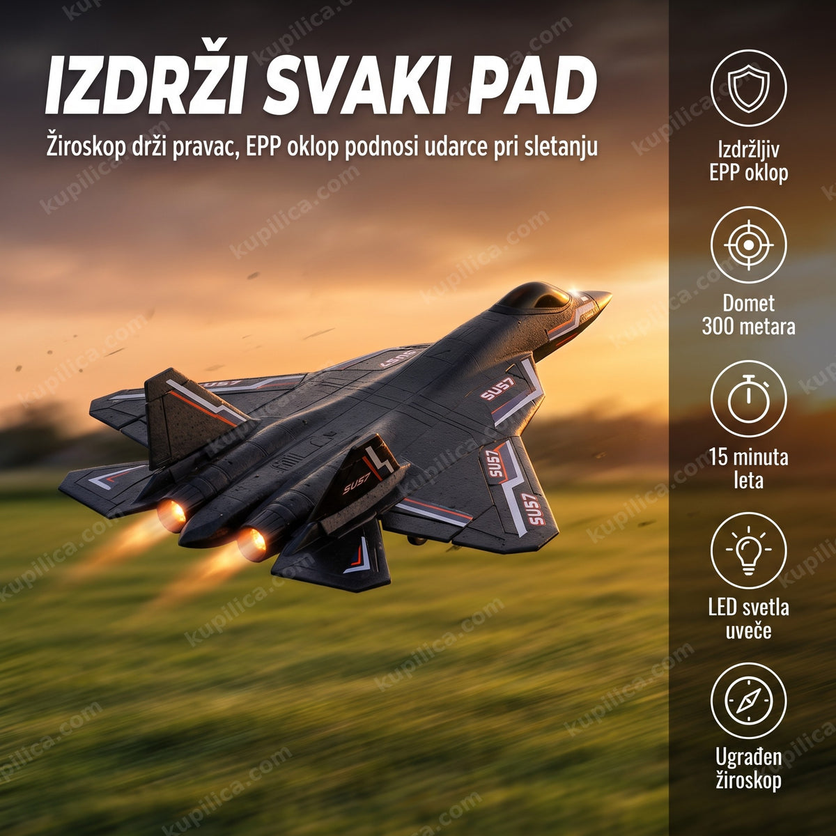 RC avion SU-57 — borbeni model u letu iznad livade