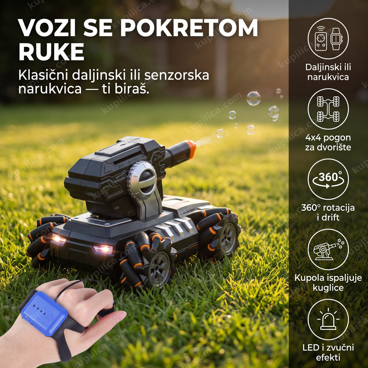 rc drift tenk na vodene kuglice, tenk u dvorištu dok odrasla ruka drži narukvicu za upravljanje, benefiti proizvoda