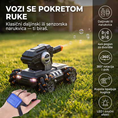 rc drift tenk na vodene kuglice, tenk u dvorištu dok odrasla ruka drži narukvicu za upravljanje, benefiti proizvoda