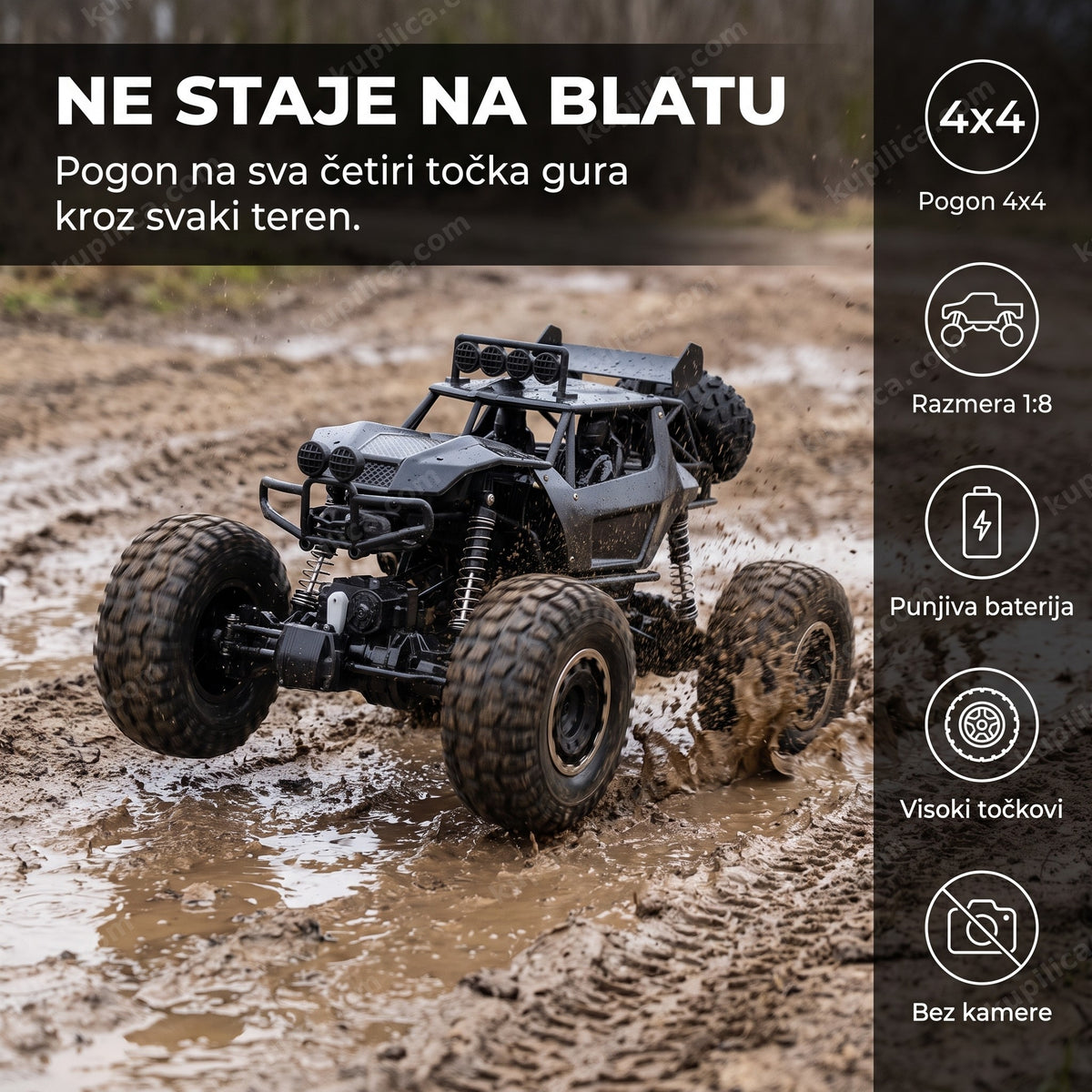 Crni RC džip 1:8 sa 4x4 pogonom prska blato na terenu