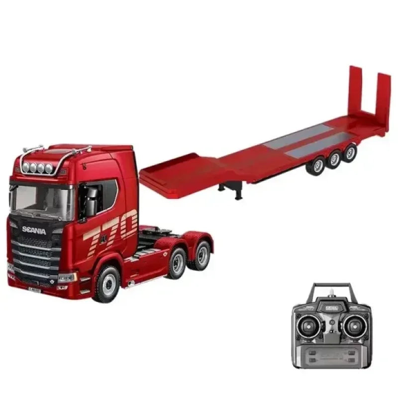 RC kamion Scania 770 S 1:18 — crveni tegljač sa niskom prikolicom