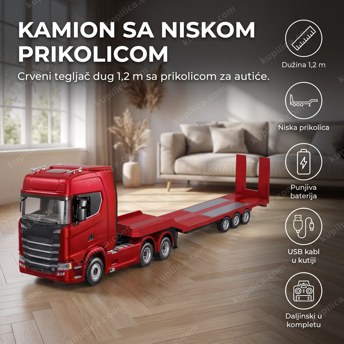 rc kamion tegljač sa niskom prikolicom na parketu u dnevnoj sobi