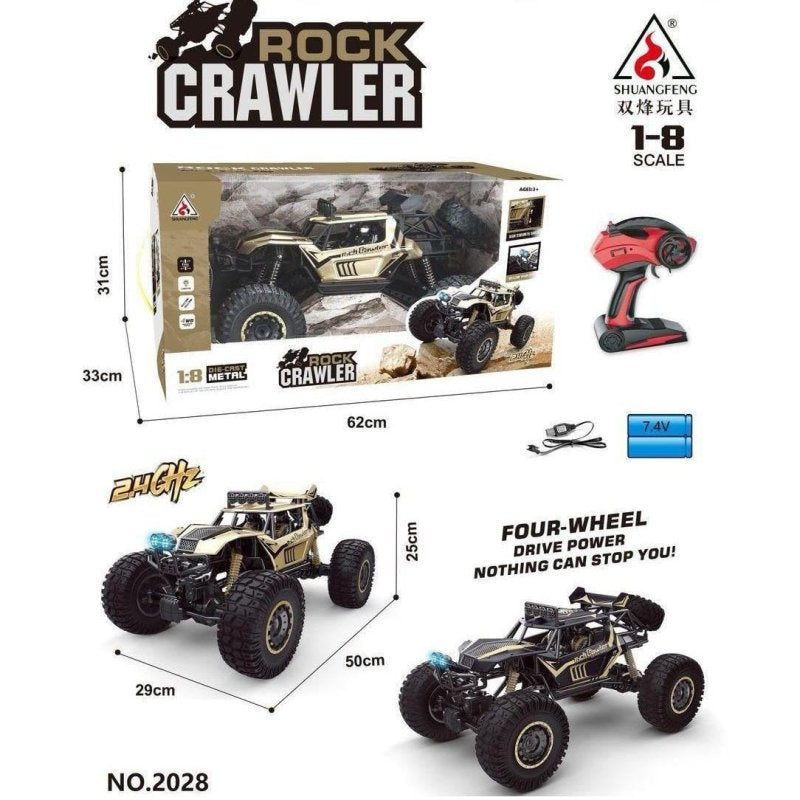 RC rock crawler 1:8 metalni sa zlatno-crnom karoserijom, pogled sa strane