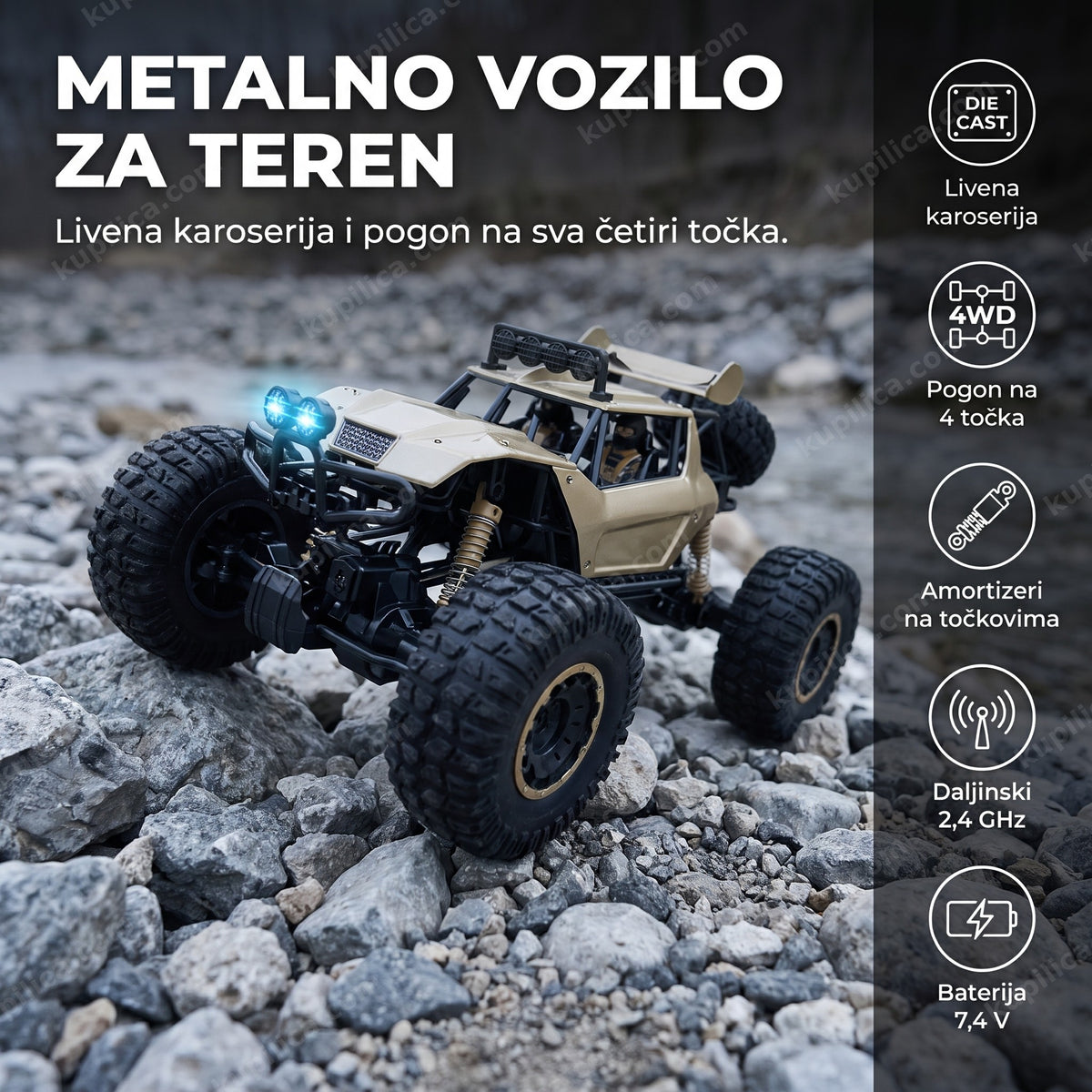 rc rock crawler sa metalnom karoserijom zlatno crne boje preko kamenja i šljunka