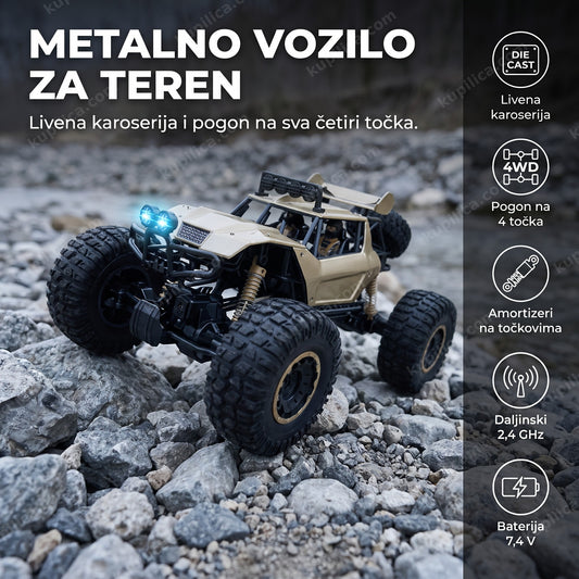 rc rock crawler sa metalnom karoserijom zlatno crne boje preko kamenja i šljunka